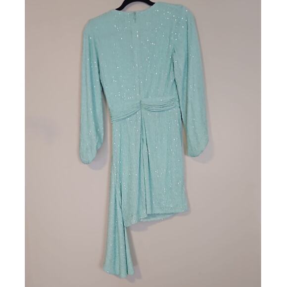 ONE33 Social Sequin Ruched Asymmetric Hem Mini Dress Aqua Size 4 - Picture 3 of 8